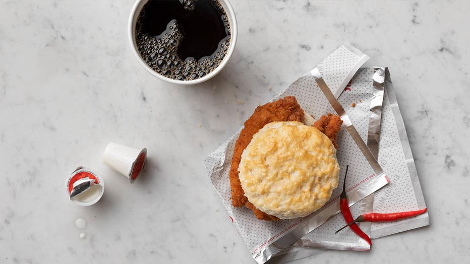 The Spicy Chick-n-Strips Biscuit will be feature two spicy, seasoned strips on a buttered biscuit and grace breakfast menus, the restaurant said. (Chick-fil-A)