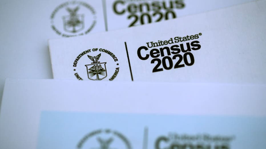 FILE - The U.S. Census logo appears on census materials received in the mail with an invitation to fill out census information online on March 19, 2020 in San Anselmo, California. (Photo Illustration by Justin Sullivan/Getty Images)
