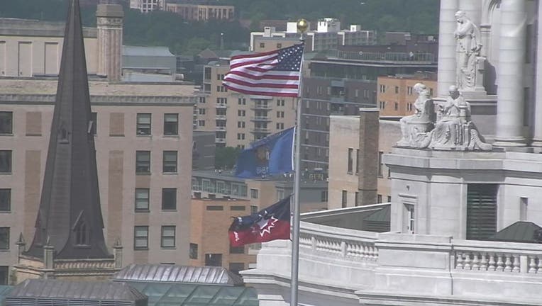 The Juneteenth flag flies over the Wisconsin state capitol, on June 18, 2021.(WMTV)