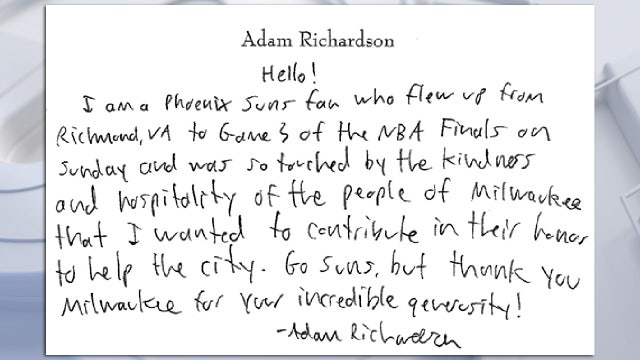 Suns fan donates to Wisconsin charity, notes Milwaukee generosity