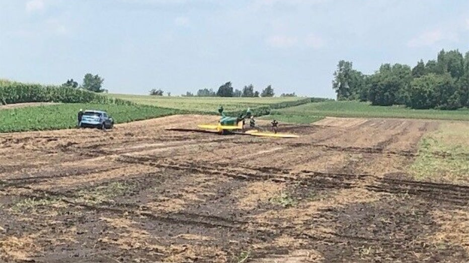 Sheriff's officials investigate the crash of a small airplane near Ripon July 29, 2021. (WLUK image)