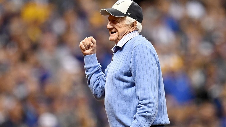 MILWAUKEE, WI - OCTOBER 12: Former baseball player Bob Uecker throws out the first pitch prior to Game One of the National League Championship Series between the Los Angeles Dodgers and the Milwaukee Brewers at Miller Park on October 12, 2018 in Milwaukee, Wisconsin. (Photo by Stacy Revere/Getty Images)