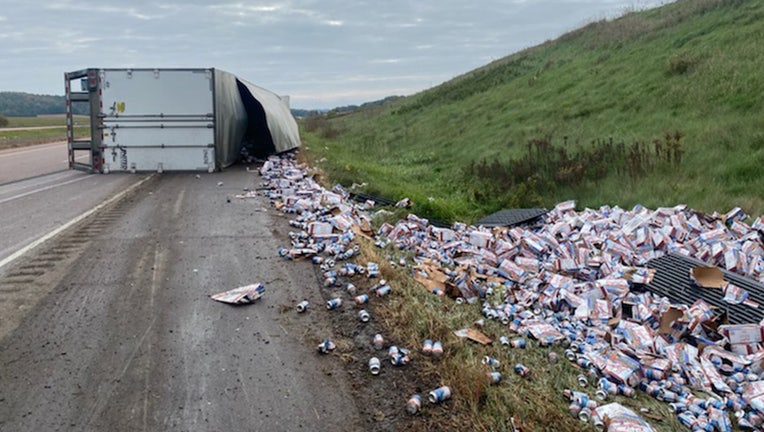 Truck hauling beer overturns near Hixton, WI (Credit: Wisconsin State Patrol)