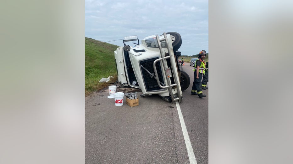 Truck hauling beer overturns near Hixton, WI (Credit: Wisconsin State Patrol)