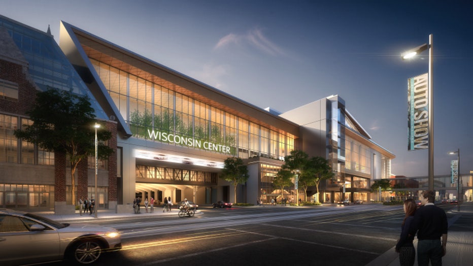 Wisconsin Center expansion rendering - Wells and Vel R. Phillips entrance