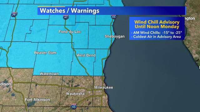 Wind chill advisory until noon Monday for parts of SE Wisconsin