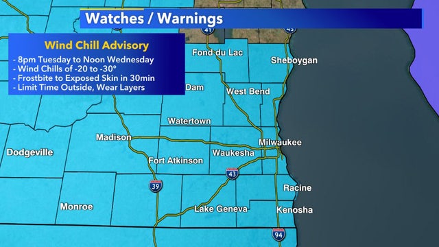 Wind chill advisory, SE Wisconsin begins 8 p.m. Tuesday, Jan. 25