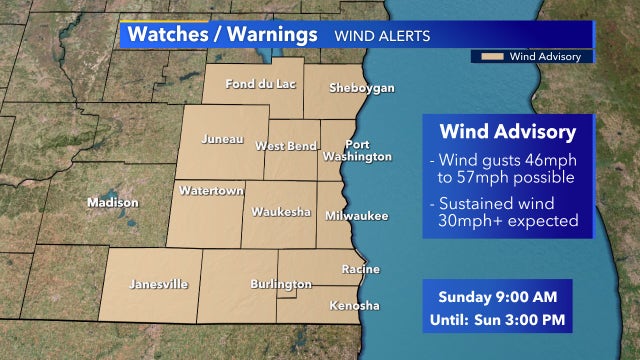 Southeastern Wisconsin wind advisory Sunday
