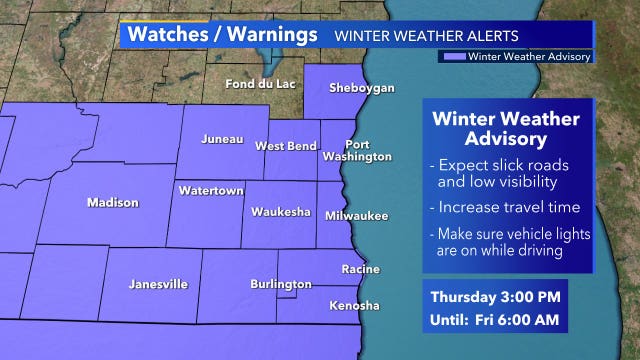 Winter weather advisory begins 3 p.m. Thursday, ends 6 a.m. Friday