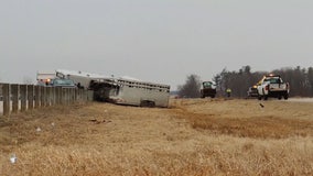 Truck pulling cattle hauler jackknifes, strikes guardrail