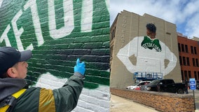 Giannis Antetokounmpo mural in Milwaukee; towers 3 stories