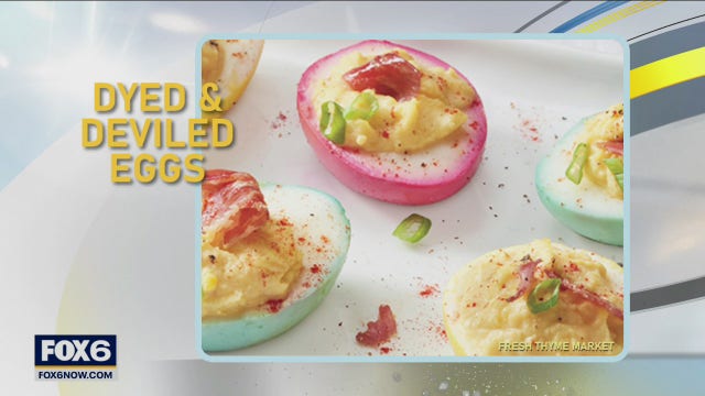 Dyed deviled eggs for Easter