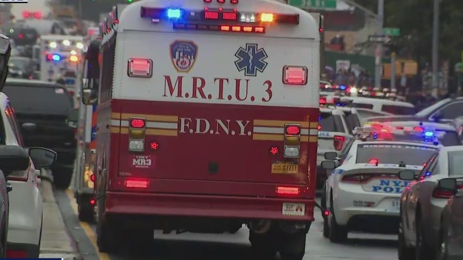 A massive emergency response is seen outside a Brooklyn subway station after a reported mass shooting. (FOX 5 NY)
