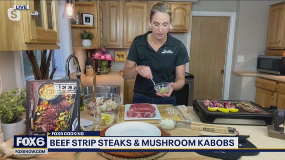 Grecian beef strip steaks & mushroom kabobs: recipe