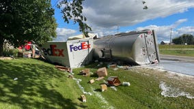 FedEx truck, milk hauler collide; thousands of gallons of milk spilled