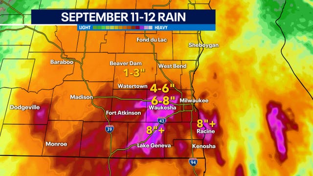 Rainfall totals for southeast Wisconsin; storm from Sept. 11-12