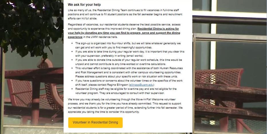 UWM 'volunteers' for dining halls sought, staff email shows