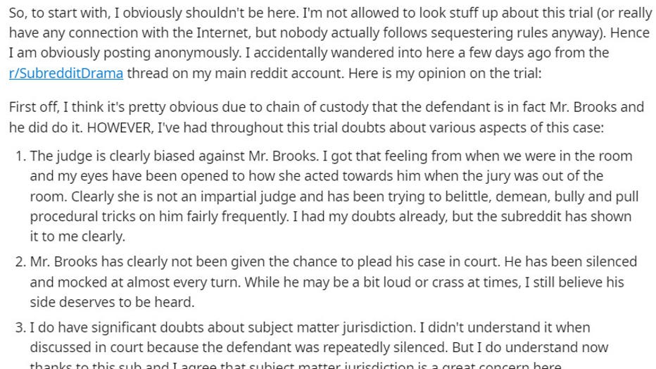 Brooks wanted to look into mistrial after anonymous Reddit post