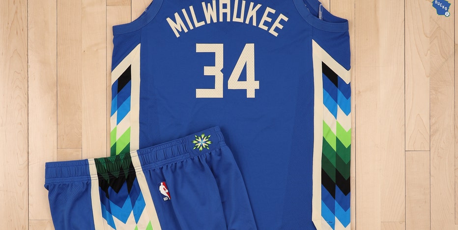 A close up shot of the Milwaukee Bucks new uniforms during the