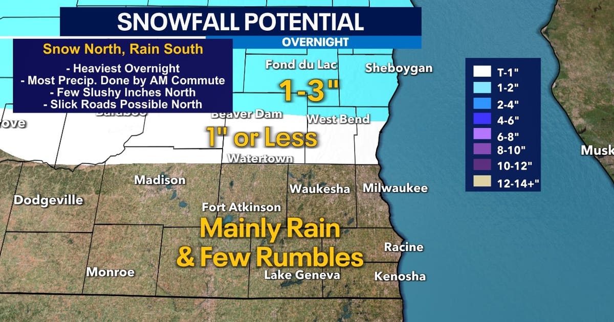 Rain in Milwaukee and south, slushy snow north, 1-3" overnight | FOX6 ...
