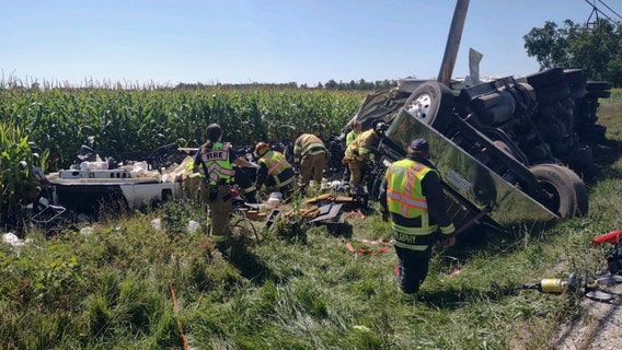 Racine County semi crash; driver extricated, flown to hospital