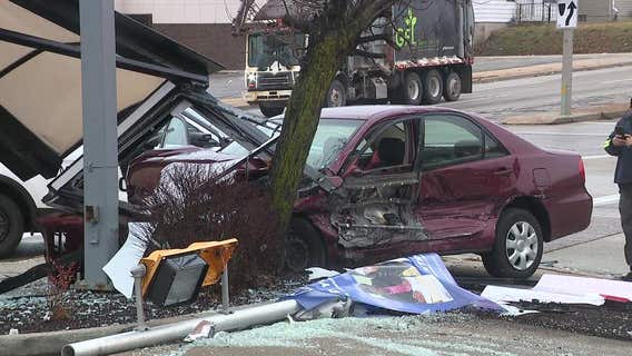 Milwaukee crash, 60th and Capitol; 3 vehicles involved, bus shelter hit