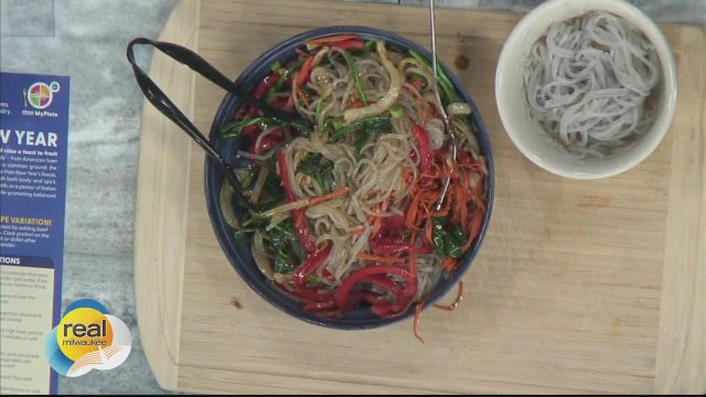 Making vegan japchae with Hunger Task Force