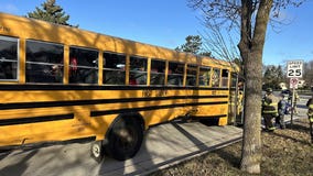 Truck crashes into school bus; 34 kids on bus, 8 with minor injuries