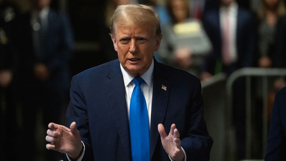 Former U.S. President Donald Trump speaks to the media at the end of the day at Manhattan Criminal Court during his trial for allegedly covering up hush money payments on April 22, 2024, in New York City. (Photo by Victor J. Blue - Pool/Getty Images)