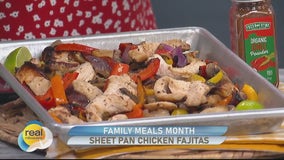 Sheet pan chicken fajitas; Family Meals Month