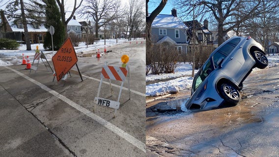 Whitefish Bay sinkhole; driver ignores road closure sign, roadway collapses