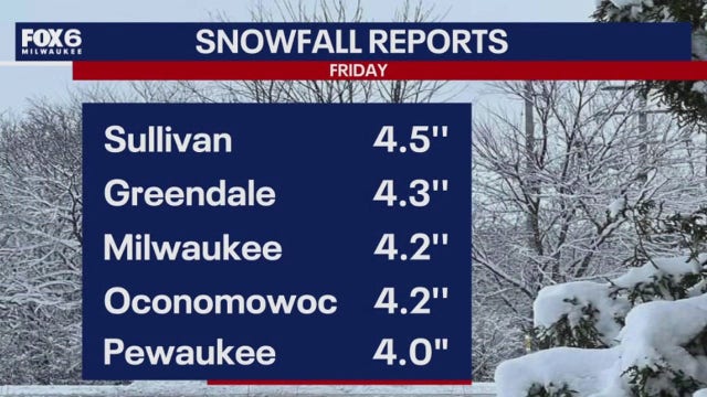 Wisconsin snowfall totals; Friday, Feb. 14 into Saturday. Feb. 15