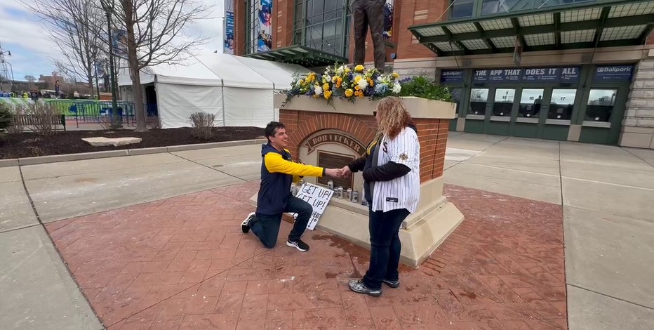 Milwaukee Brewers home opener, couple gets engaged at ballpark
