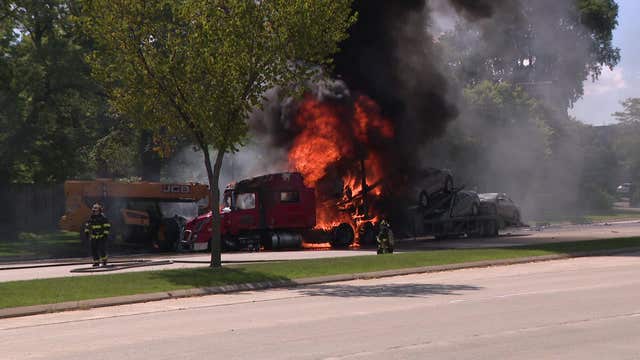 River Hills semi fire, Brown Deer Road traffic shut down