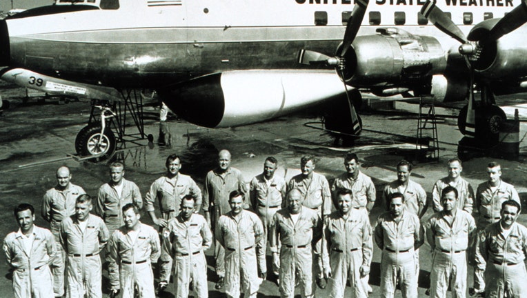 A 1966 photo of the crew and personnel of Project Stormfury, an experimental program by the US Government to weaken tropical cyclones using silver iodide. Credit: NOAA
