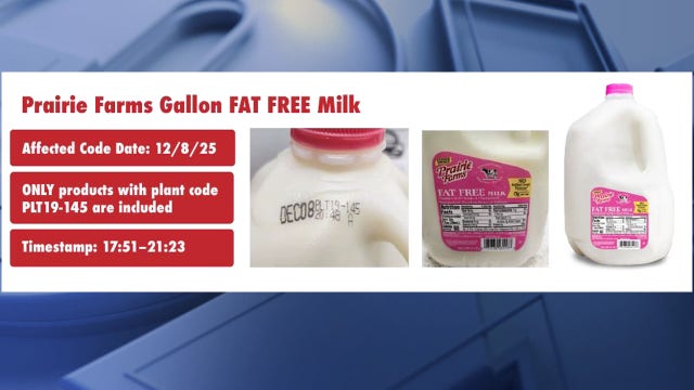 Prairie Farms announces recall of Prairie Farms Gallon Fat Free Milk