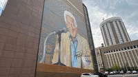 Bob Uecker mural tailgate-themed celebration in downtown Milwaukee