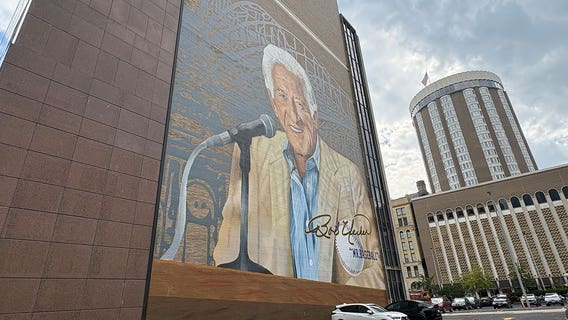 Bob Uecker mural tailgate-themed celebration in downtown Milwaukee