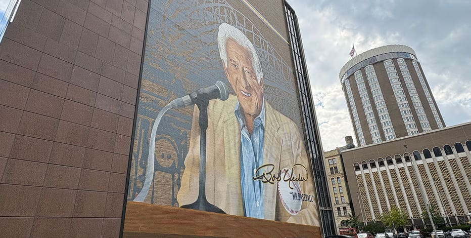 Bob Uecker mural tailgate-themed celebration in downtown Milwaukee