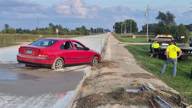 Wisconsin driver ignores 'road closed' sign, into fresh concrete