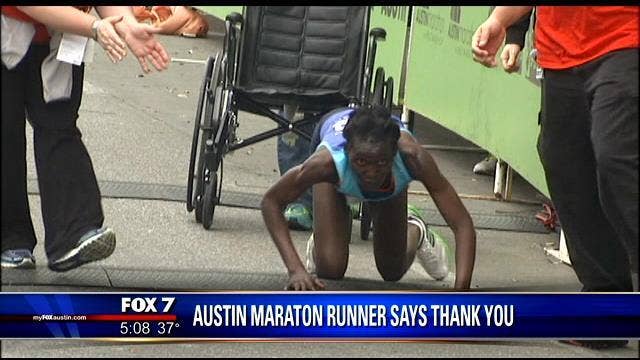 Woman who crawled to the Austin Marathon finish line thanks those who helped her