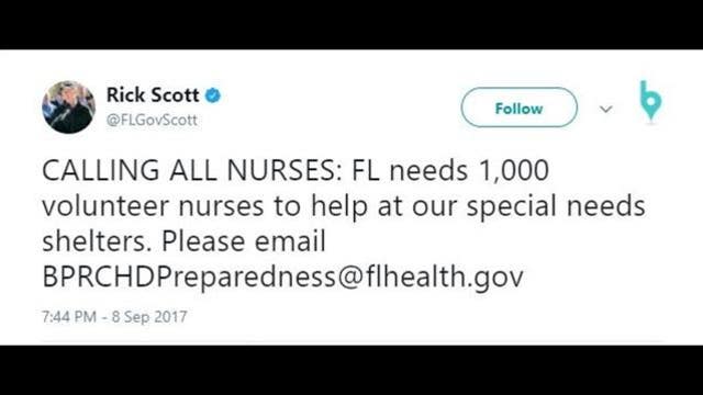 1,000 nurses needed for special needs shelters during Hurricane Irma
