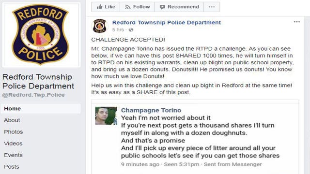 Man wanted by Redford PD says he'll turn self in if he gets 1,000 Facebook shares