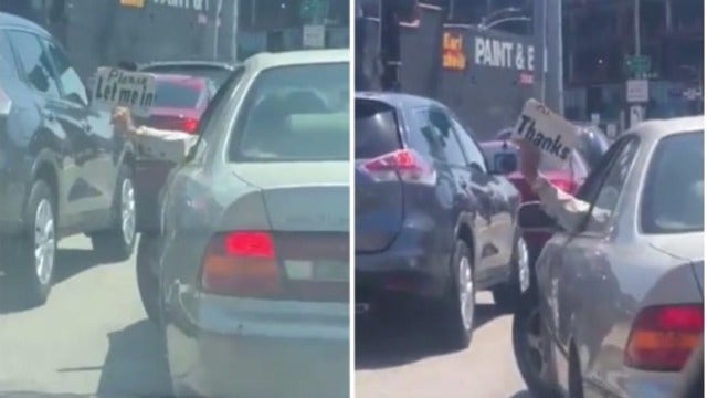 Driver uses clever signs to navigate through LA traffic