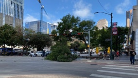 Strong winds knocks down tree in downtown Austin, 6-story construction trash chute