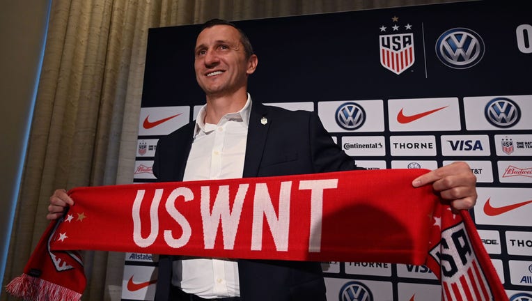 Vlatko Andonovski poses for photographers after a press conference where it was announced as the new US Soccer Womens National Team head coach on October 28, 2019 at Kimpton Hotel Eventi in New York City. - Andonovski 43, comes to U.S. Soccer after serving as a head coach during all seven seasons of the National Women's Soccer League, a stint which included two championships with FC Kansas City (2014 and 2015). (Photo by TIMOTHY A. CLARY / AFP) (Photo by TIMOTHY A. CLARY/AFP via Getty Images)