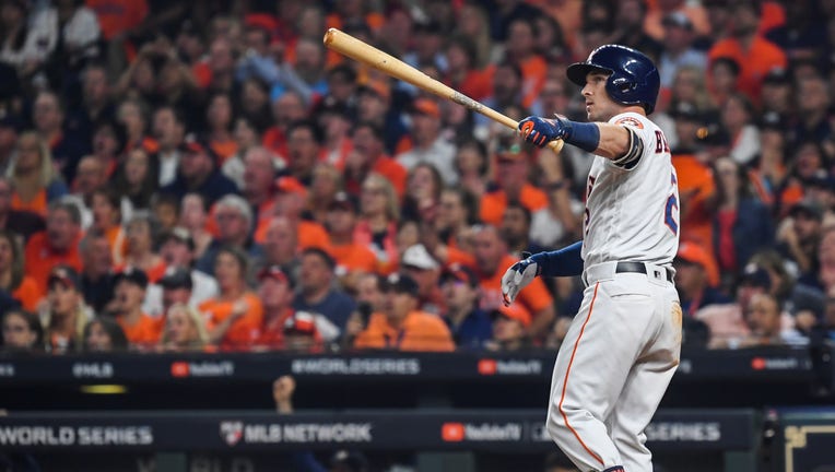 WASHINGTON, DC - OCTOBER 23: Houston Astros third baseman Alex Bregman (2) admires a two-run home run in the first inning during Game 2 of the World Series between the Washington Nationals and the Houston Astros at Minute Maid Park on Wednesday, October 23, 2019. (Photo by Toni L. Sandys/The Washington Post via Getty Images)