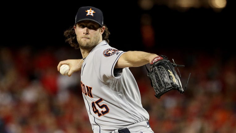WASHINGTON, DC - OCTOBER 27: Gerrit Cole #45 of the Houston Astros delivers the pitch against the Washington Nationals during the sixth inning in Game Five of the 2019 World Series at Nationals Park on October 27, 2019 in Washington, DC. (Photo by Patrick Smith/Getty Images)