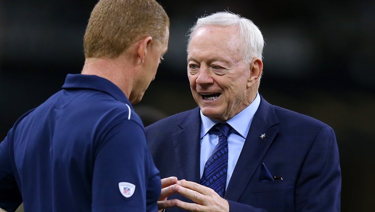 Jerry Jones owner of the Dallas Cowboys talks to head coach Jason Garrett before a game against the New Orleans Saints at the Mercedes Benz Superdome on September 29, 2019 in New Orleans, Louisiana. (Photo by Jonathan Bachman/Getty Images)