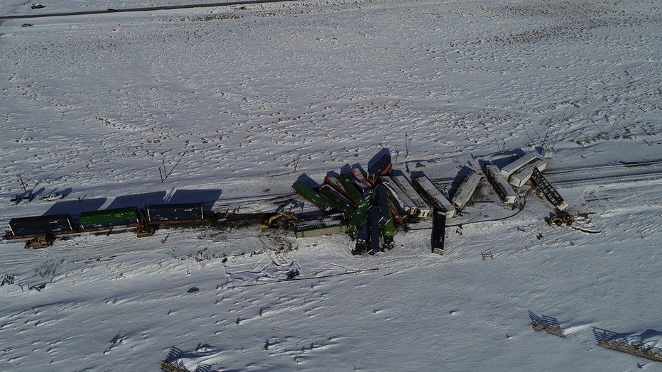 Several freight train cars came off the tracks east of Hanna, Wyoming, Dec. 26, 2019.